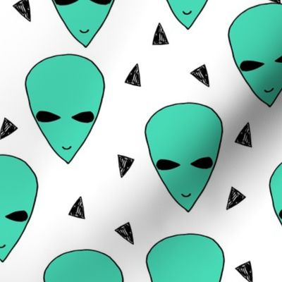 alien head // bright jade green alien head fabric 90s design aliens outerspace fabric