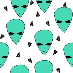 alien head // bright jade green alien head fabric 90s design aliens outerspace fabric