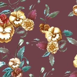 Pansies Peonies, Rust and Teal on Plum // large