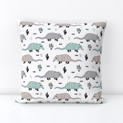 Cute quirky armadillo cactus woodland fun wester theme kids animals pattern and geometric details scandinavian style pastel mint gender neutral