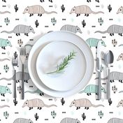 Cute quirky armadillo cactus woodland fun wester theme kids animals pattern and geometric details scandinavian style pastel mint gender neutral