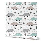 Cute quirky armadillo cactus woodland fun wester theme kids animals pattern and geometric details scandinavian style pastel mint gender neutral