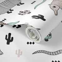 Cute quirky armadillo cactus woodland fun wester theme kids animals pattern and geometric details scandinavian style pastel mint gender neutral