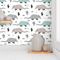 Cute quirky armadillo cactus woodland fun wester theme kids animals pattern and geometric details scandinavian style pastel mint gender neutral