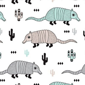 Cute quirky armadillo cactus woodland fun wester theme kids animals pattern and geometric details scandinavian style pastel mint gender neutral