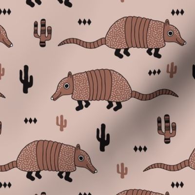 Cute quirky armadillo cactus woodland fun wester theme kids animals pattern and geometric details scandinavian style pastel sand and beige