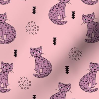 Adorable girls tiger kitten fun leopard panther style cat illustration and geometric details pink violet