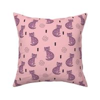 Adorable girls tiger kitten fun leopard panther style cat illustration and geometric details pink violet