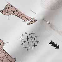 Adorable gender neutral tiger kitten fun panther style cat illustration and geometric details beige black and white