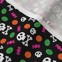 Halloween Skull and Crossbones and Candy on Orange, Black, Green, Pink