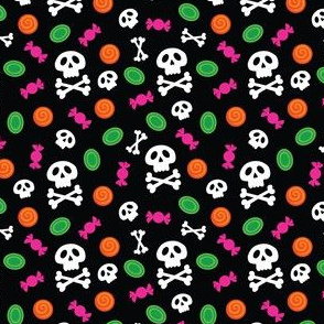 Halloween Skull and Crossbones and Candy on Orange, Black, Green, Pink