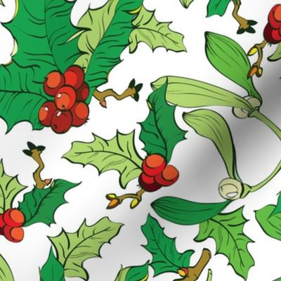 Mistletoe Holly Berries Seamless Pattern. Vibrant Red Green 