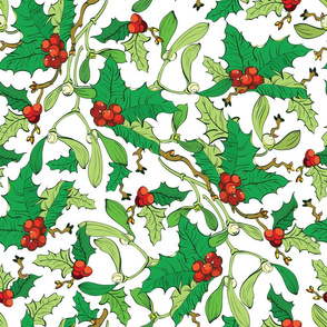 Mistletoe Holly Berries Seamless Pattern. Vibrant Red Green 