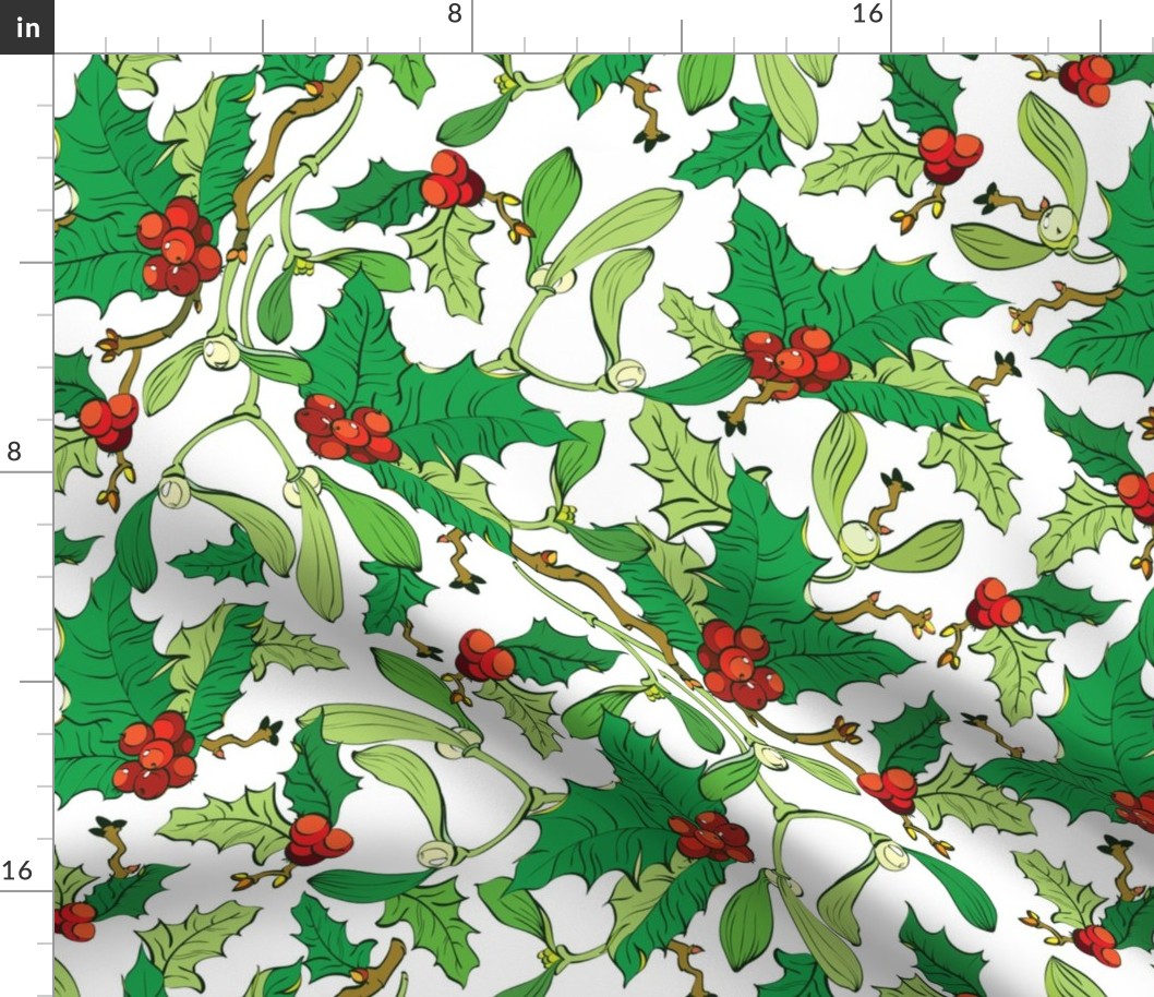 Mistletoe Holly Berries Seamless Pattern. Vibrant Red Green 