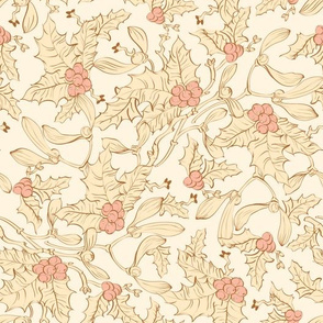 Vintage Mistletoe Holly Berries Seamless Pattern. Yellow Pink Sienna Brown