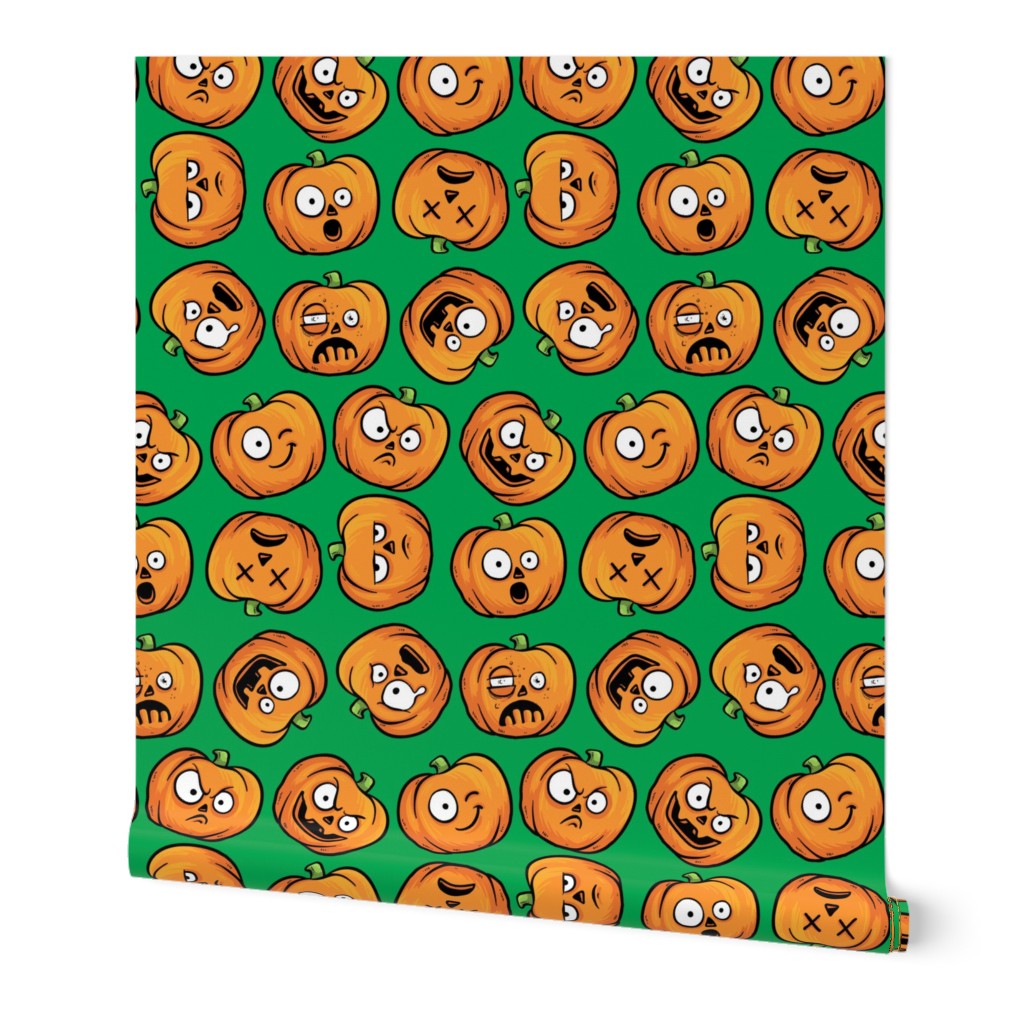 Halloween Funny Pumpkin, Jack-o-lantern Faces on Green