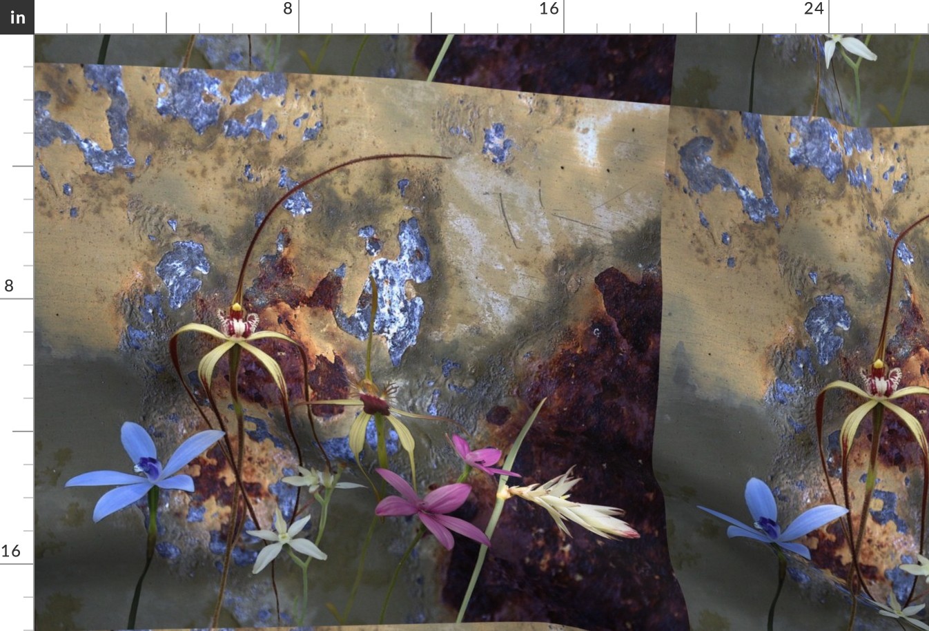 Silky_Blue_orchid_with_Blue_rusty_tin_spoonflower