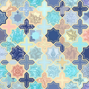 Navy, Peach and Aqua Moroccan Tile Pattern