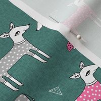 Reindeer Pajamas - Evergreen Linen with Raspberry Pink and Slate grey PJs by Andrea Lauren