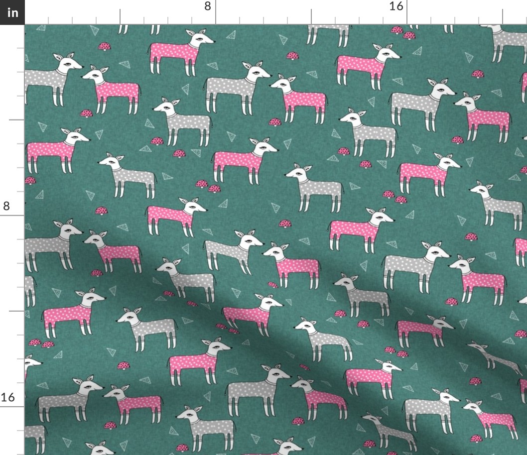 Reindeer Pajamas - Evergreen Linen with Raspberry Pink and Slate grey PJs by Andrea Lauren