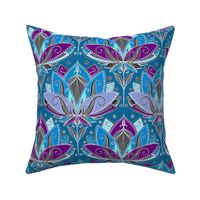 Art Deco Lotus Rising in Teal, Blue and Deep Plum Purple