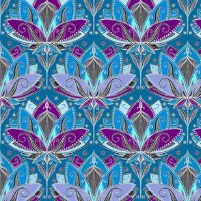 Art Deco Lotus Rising in Teal, Blue and Deep Plum Purple