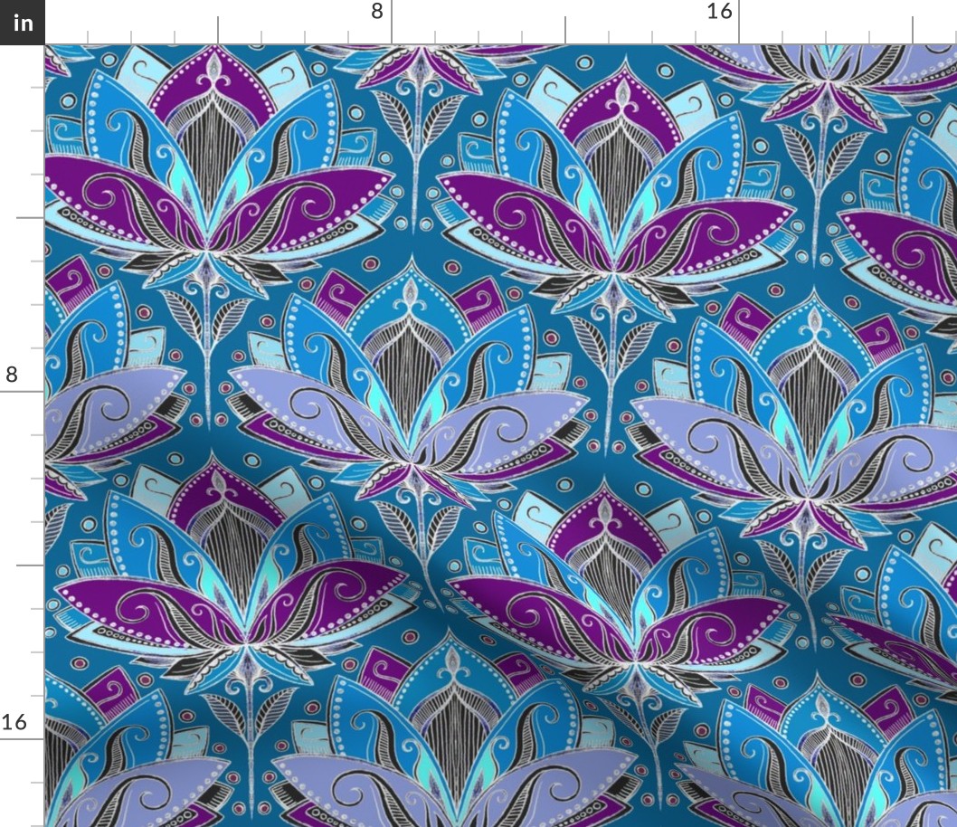 Art Deco Lotus Rising in Teal, Blue and Deep Plum Purple