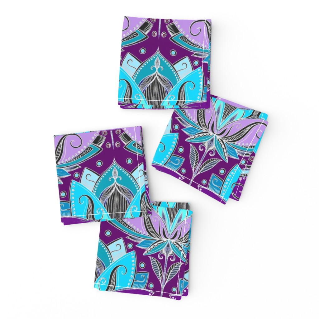 Art Deco Lotus Rising in Turquoise, Purple and Teal