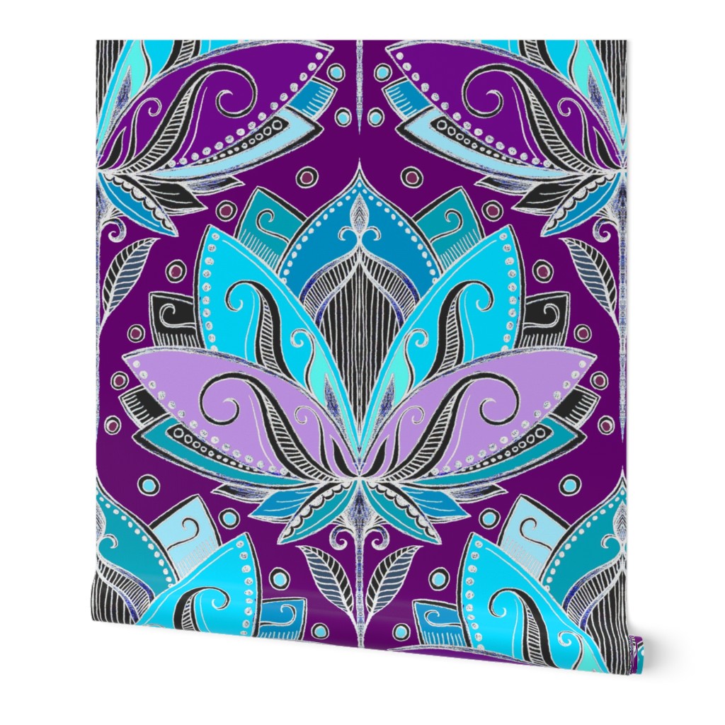 Art Deco Lotus Rising in Turquoise, Purple and Teal