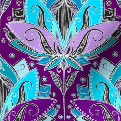 Art Deco Lotus Rising in Turquoise, Purple and Teal