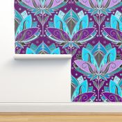 Art Deco Lotus Rising in Turquoise, Purple and Teal