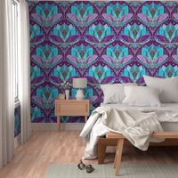 Art Deco Lotus Rising in Turquoise, Purple and Teal