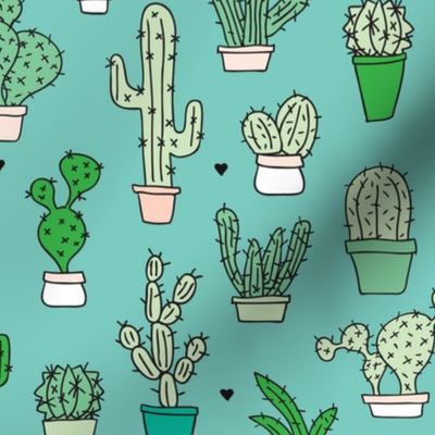 Cactus cacti garden botanical succulent green garden pattern blue illustration print large