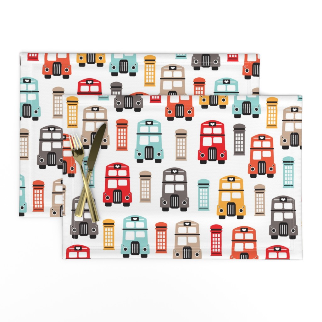 Vivid gender neutral London UK travel icons double decker bus and telephone booth illustration kids pattern wallpaper