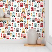 Vivid gender neutral London UK travel icons double decker bus and telephone booth illustration kids pattern wallpaper