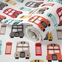 Vivid gender neutral London UK travel icons double decker bus and telephone booth illustration kids pattern wallpaper