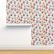 Vivid gender neutral London UK travel icons double decker bus and telephone booth illustration kids pattern wallpaper