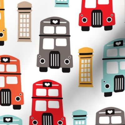 Vivid gender neutral London UK travel icons double decker bus and telephone booth illustration kids pattern