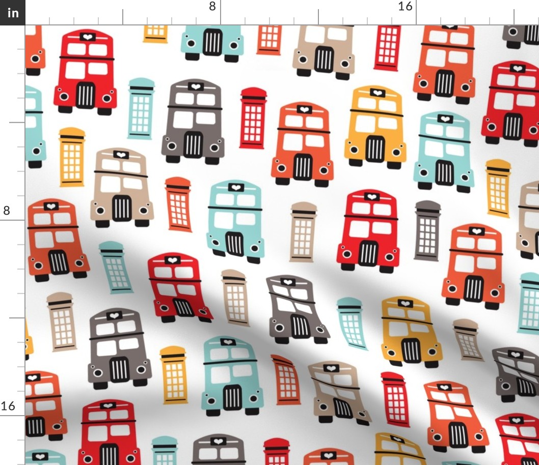 Vivid gender neutral London UK travel icons double decker bus and telephone booth illustration kids pattern