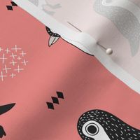 Adorable baby penguin geometric birds illustration and cross and arrow details pattern