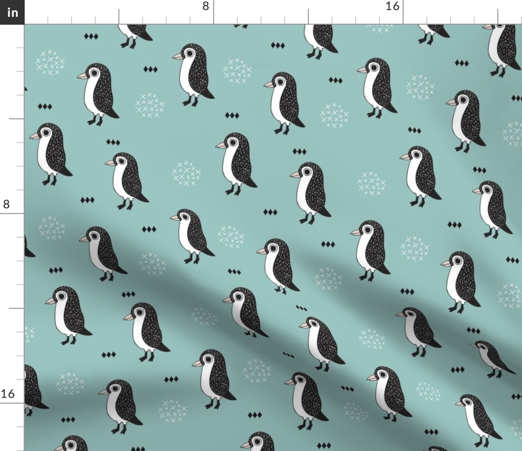 Adorable baby penguin geometric birds illustration and cross and arrow details pattern winter blue