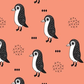 Adorable baby penguin geometric birds illustration and cross and arrow details pattern rusty orange