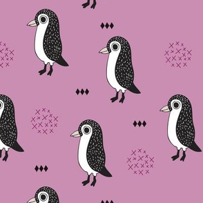 Adorable baby penguin geometric birds illustration and cross and arrow details pattern violet lilac