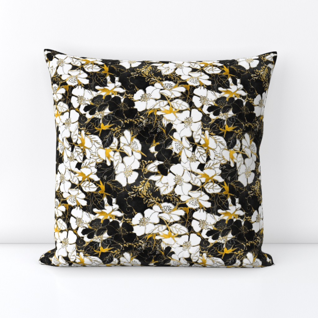 Watercolor Roses Floral in gold and black