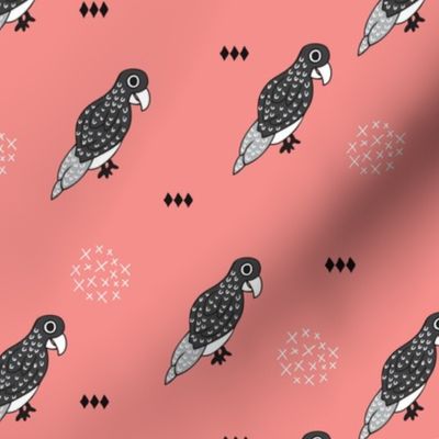 Funky birds scandinavian style illustration animal print with geometric details in black white and coral