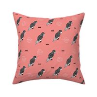 Funky birds scandinavian style illustration animal print with geometric details in black white and coral