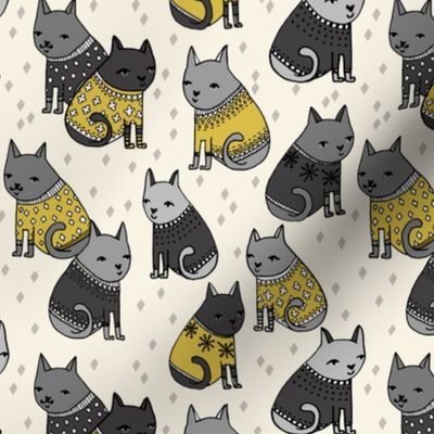 cats in sweaters // mustard and grey illustration of cats wearing christmas holiday sweaters for fashion fabrics and cat lady gifts