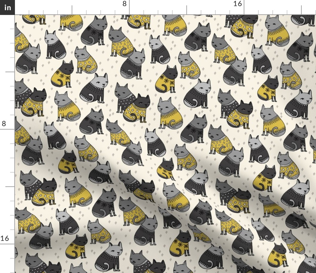 cats in sweaters // mustard and grey illustration of cats wearing christmas holiday sweaters for fashion fabrics and cat lady gifts