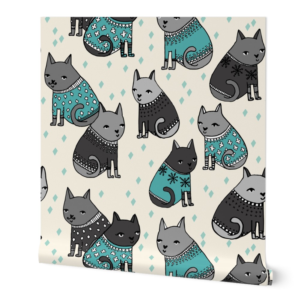 cats in sweaters // grey and blue fashion print for winter christmas cats and repeating fashion print textiles 