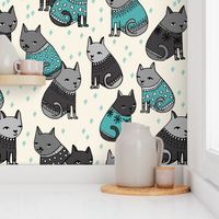 cats in sweaters // grey and blue fashion print for winter christmas cats and repeating fashion print textiles 